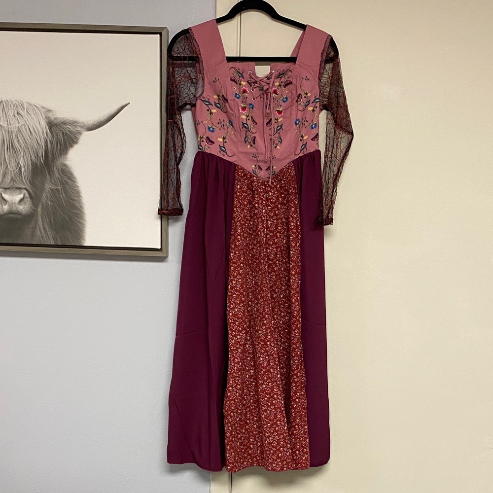 Womens Pink & Burgundy Embroidered Boho Maxi Dress.
